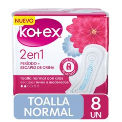 Toalla higiénica Kotex 2 en 1 normal con alas 8 un