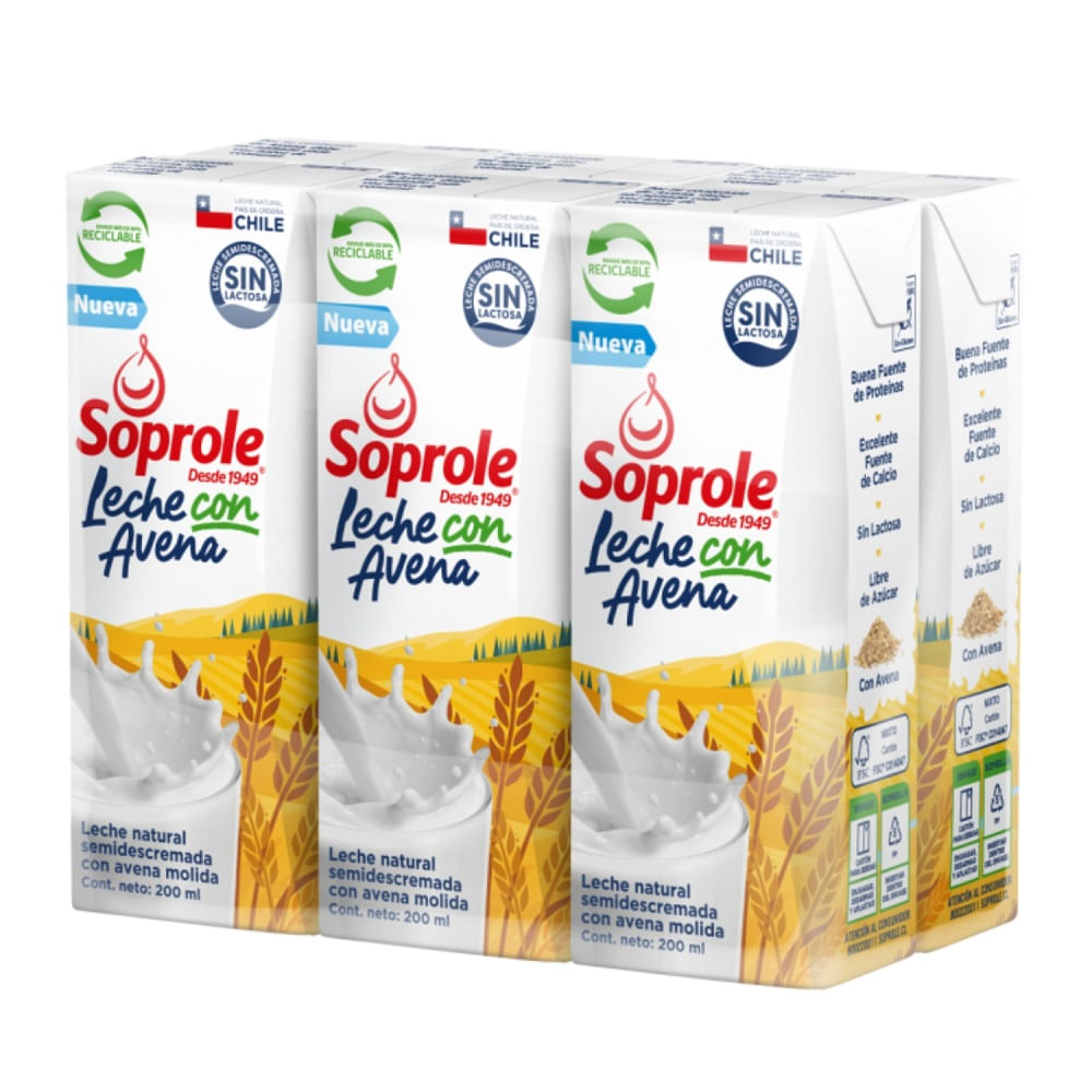 Leche Soprole semidescremada con avena 6 un de 200 ml